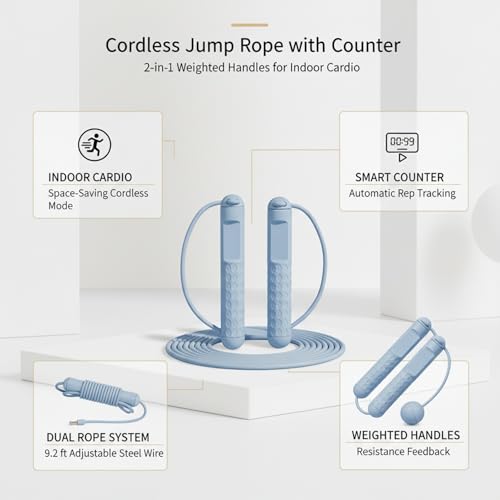 2-in-1 Cordless Jump Rope with Digital Counter, Adjustable Steel Wire & Weighted Handles for Indoor Cardio Fitness