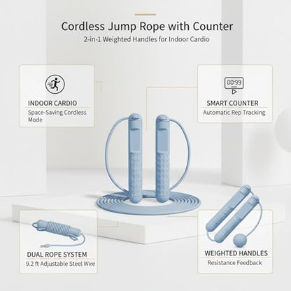 2-in-1 Cordless Jump Rope with Digital Counter, Adjustable Steel Wire & Weighted Handles for Indoor Cardio Fitness
