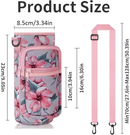 Water Bottle Holder with Strap, Insulated Crossbody Sling Bag, Carrier with Phone Pocket for Walking Hiking Camping Fishing - color: Flower Pink, size: 40oz