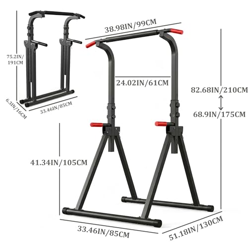 KINMAC Foldable Power Tower Pull Up Bar Station for Home Gym, 6-Level Adjustable Height Dip Station, Heavy-Duty Industrial Steel Workout Equipment, Space-Saving Free-Standing Strength Training Station for Apartment, 440LBS Capacity