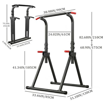 KINMAC Foldable Power Tower Pull Up Bar Station for Home Gym, 6-Level Adjustable Height Dip Station, Heavy-Duty Industrial Steel Workout Equipment, Space-Saving Free-Standing Strength Training Station for Apartment, 440LBS Capacity
