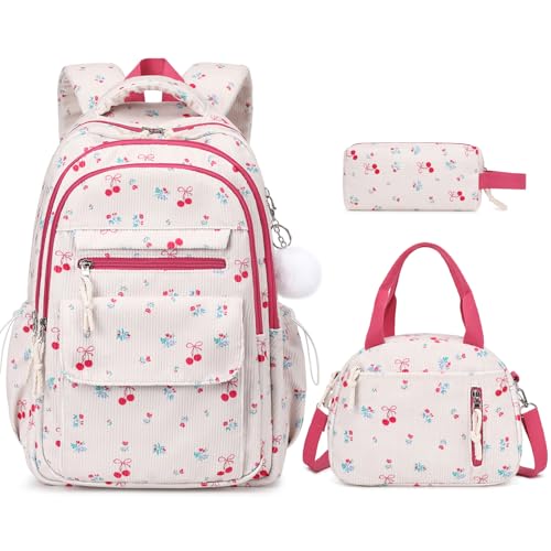 Bevalsa Backpack for Girls, 3PCS Corduroy Kids Backpack Set with Lunch Box & Pencil Pouch, Bookbag Daypack Laptop Bag for Women Teens Elementary Middle High School - color: Beige Cherry