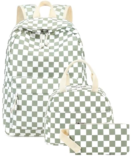 LEDAOU Backpack for Girls School Bag Kids Bookbag Teen Backpack Set Daypack with Lunch Bag and Pencil Case | Kids - color: K- Green Checkered