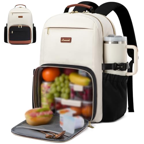 LOVEVOOK Lunch Backpack with Lunch Compartment,17 Inch Laptop Work Travel Insulated Cooler Backpack,Waterproof College Teacher Lunch Bag Box with Tumbler Holder,Gifts for Men Women,Beige-Black-Brown - color: Beige - Black - Chestnut Brown, size: 17-Lunch