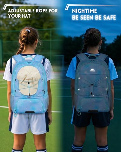 MATEIN Girls Soccer Backpack, Large Basketball Bag with Ball Holder & Shoe Compartment for Tournament & Game Day, Lightweight Youth Sports Bag with Fence Hook Fits 15.6 Inch Laptop, Soccer Team Gifts - color: Sky Blue