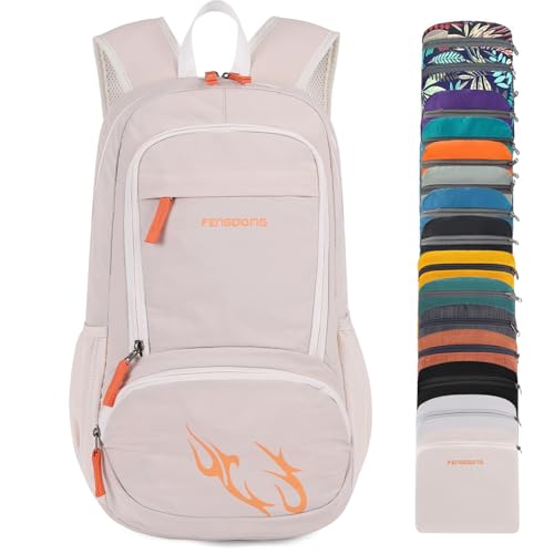 FENGDONG 35L Lightweight Foldable Waterproof Packable Travel Small Hiking Backpack Daypack for men women - color: Beige Orange