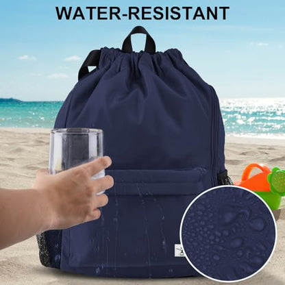 Drawstring Backpack with Mesh Pockets String Gym Bag Sackpack Sandproof Water Resistant Beach Backpack for Men Women - color: Midnight Blue