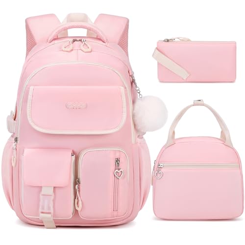 DIGOBAY Backpacks for Girls, 3PCS School Backpack with Lunch Box Pencil Pouch for Teen Girls Kids Elementary Primary Middle High College School Bookbag Set （Pink） - color: Pink