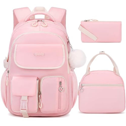 DIGOBAY Backpacks for Girls, 3PCS School Backpack with Lunch Box Pencil Pouch for Teen Girls Kids Elementary Primary Middle High College School Bookbag Set （Pink） - color: Pink