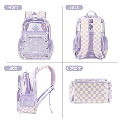 Clear Backpacks for Girls Women, Heavy Duty PVC Transparent Back Pack See Through Boys Kids Clear Bookbags for School Checkered Purple - color: Checkered Purple