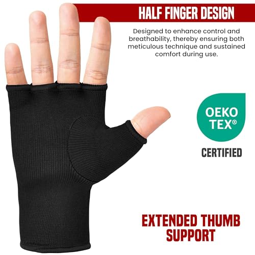 RDX Boxing Hand Wraps Inner Gloves Men Women, Half Finger Elasticated Bandages, Under Mitts Fist Protection, Muay Thai, Kickboxing, MMA, Martial Arts Speed Bag Punching Training - color: Full Black, size: X-Large