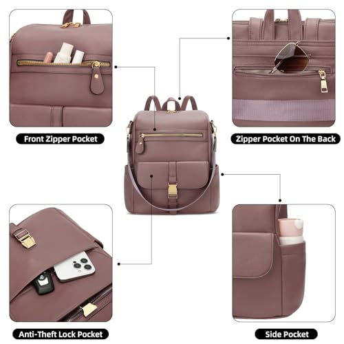 KKXIU Backpack Purse for Women - PU Leather Ladies Backpack for Daily with Anti-Theft Lock Pocket, Small Daypack with Luggage Strap & Water Bottle Pockets (Dark Pink) - color: Dark Pink