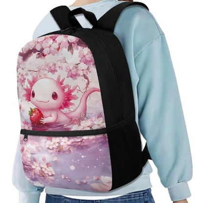 Cute Axolotl Backpack for Girls Kids School Bookbag Satchel with Insulated Lunch Box and Pencil Case Set 3 PCS Teen Middle School Backpacks - color: Axolotl Strawberry