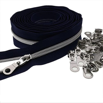#5 Silver Metallic Nylon Coil Zippers by Yard Bulk Coil Zipper Roll 10 Yards with 25pcs Silver Pull for DIY Sewing Craft Bag(Navy Blue) YIGUANXIN - color: Navy Blue-Silver