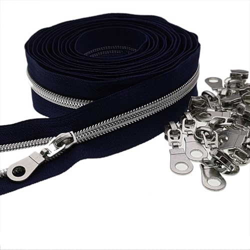 #5 Silver Metallic Nylon Coil Zippers by Yard Bulk Coil Zipper Roll 10 Yards with 25pcs Silver Pull for DIY Sewing Craft Bag(Navy Blue) YIGUANXIN - color: Navy Blue-Silver