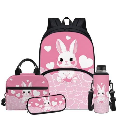 Cute Bunny Backpack for Girls Kids Backpack with Lunch Box Water Bottle Bag and Fabric Pencil Pouch 4Pcs Set 17" Bookbag with Large Front Pocket for School Lightweight Elementary School Bag - color: Cute Bunny and Pink Heart