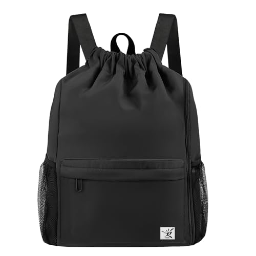 Drawstring Backpack with Mesh Pockets String Gym Bag Sackpack Sandproof Water Resistant Beach Backpack for Men Women - color: Black102