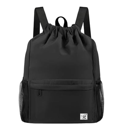 Drawstring Backpack with Mesh Pockets String Gym Bag Sackpack Sandproof Water Resistant Beach Backpack for Men Women - color: Black102