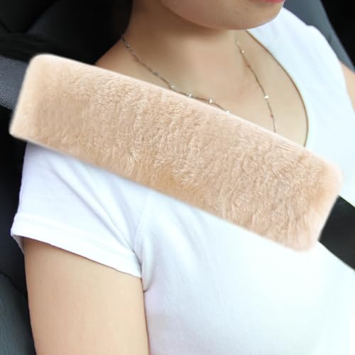 Amooca Authentic Sheepskin Seatbelt Cover Real Wool Car Truck SUV Airplane Seat Belt Shoulder Pad for Carmera Backpack Straps Neck Cushion Protector 2 Pack Beige - color: Beige Sheepskin, size: 10.5in 2pack