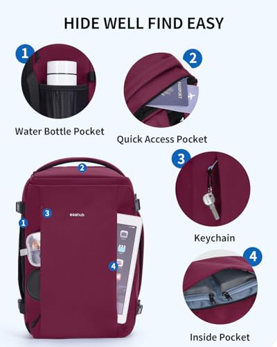 ECOHUB Travel Backpack for Women, Flight Approved Carry On Bag, 30L Personal Item for Weekend Getaways, Fits 17.3" Laptop, Red - color: Red