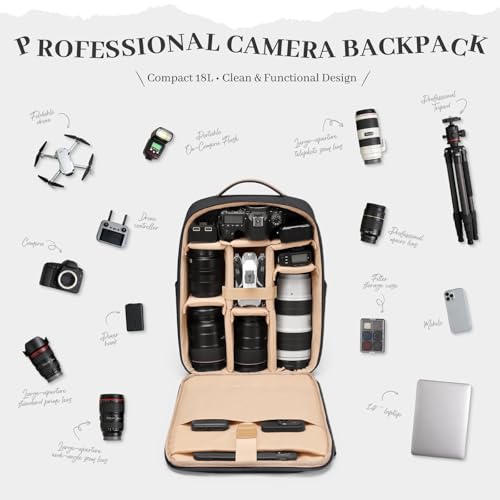 Camera Backpack for Photographers, DSLR/SLR Mirrorless Camera Bag with 14 Inch Laptop Compartment & Tripod Holder, Waterproof Rain Cover Photography Travel Daypack for Sony Canon Nikon Drone (Black) - color: Black
