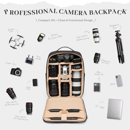Camera Backpack for Photographers, DSLR/SLR Mirrorless Camera Bag with 14 Inch Laptop Compartment & Tripod Holder, Waterproof Rain Cover Photography Travel Daypack for Sony Canon Nikon Drone (Black) - color: Black