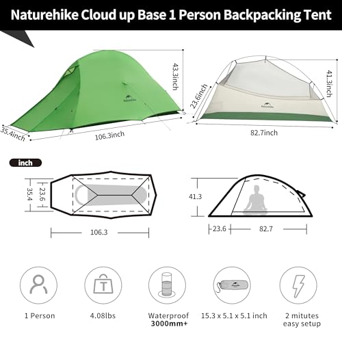 Naturehike Cloud Up 1 Person Tent, Lightweight Backpacking Tents for One Man, Waterproof Ultralight One Person Tent for Camping Hiking Backpacking - color: Green