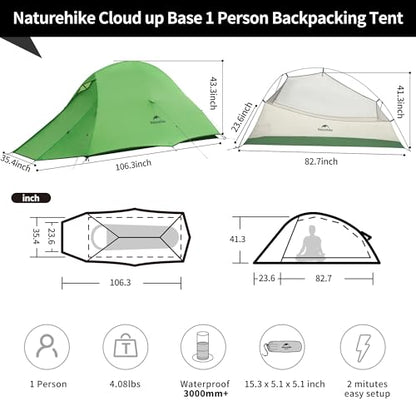 Naturehike Cloud Up 1 Person Tent, Lightweight Backpacking Tents for One Man, Waterproof Ultralight One Person Tent for Camping Hiking Backpacking - color: Green