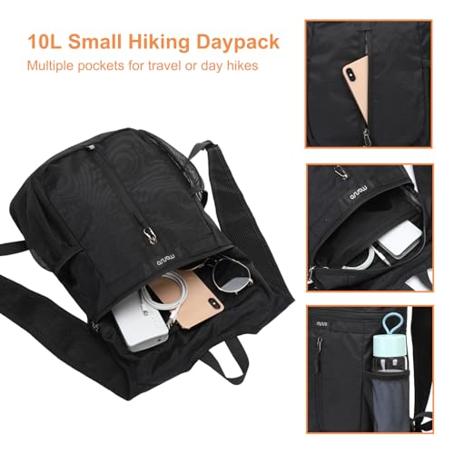 MOSISO Lightweight Hiking Daypack Packable Travel Hiking Backpack, Foldable Shoulder Bag with Front Vertical Pocket - color: Black, size: Small