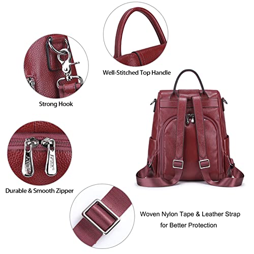 S-ZONE Leather Backpack Purses for Women Antitheft Rucksack Shoulder Bag Medium - color: Wine Red