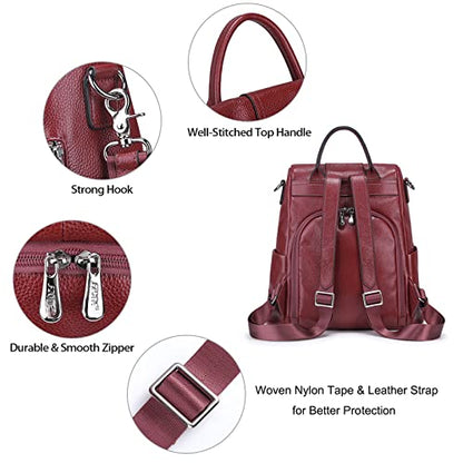 S-ZONE Leather Backpack Purses for Women Antitheft Rucksack Shoulder Bag Medium - color: Wine Red