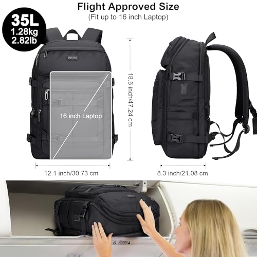 PIJUSHI Travel Backpack for Women Men Flight Aprroved Carry on Bag Large Casual Luggage Backpack Fit 16 inch Laptop(PE050 Black) - color: Black