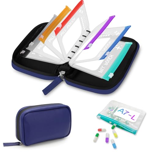 Timueetech A7 Waterproof Pill Organizer with 7 PCS L Size Zippered Pill Pouches for A7 Binder, Large BPA-Free Weekly Medicine Organizer, Color-Coded Reusable Travel Pill Storage System - color: Navy Blue