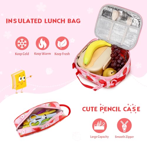 Toddler Backpack for Girls Ages 5-8, 3PCS Girls Backpack with Lunch Bag & Pencil Case - 15inch Kids School Bookbag for Preschool Kindergarten Elementary School (Strawberry) - color: Strawberry