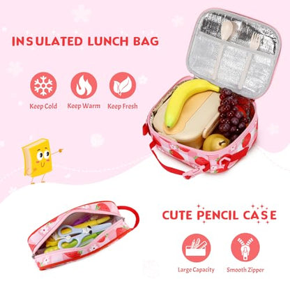 Toddler Backpack for Girls Ages 5-8, 3PCS Girls Backpack with Lunch Bag & Pencil Case - 15inch Kids School Bookbag for Preschool Kindergarten Elementary School (Strawberry) - color: Strawberry