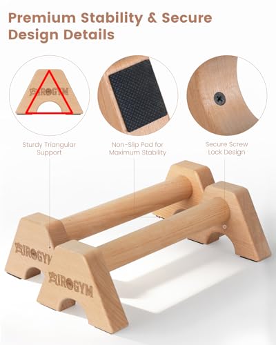 Wooden Push Up Bars for Calisthenics Equipment - Non-Slip Beech Wood Parallettes for Floor Strength Training, Handstand & Home Gym Workout - Support 550 LBS Heavy Duty Pushup Handles Stand