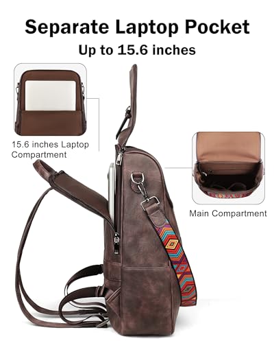FADEON Laptop Backpack for Women Leather Travel Backpack with Laptop Compartment, Designer Ladies Computer Backpacks Coffee - color: Coffee Brown Retro Style