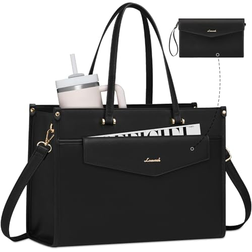 LOVEVOOK Laptop Bag for Women, 17.3'' Laptop Tote Purse 2-in-1 Professional Work Bag Business Briefcase with Clutch Purse, Waterproof Leather Computer Handbag for Teacher Office Travel - color: Black, size: 17.3 inch