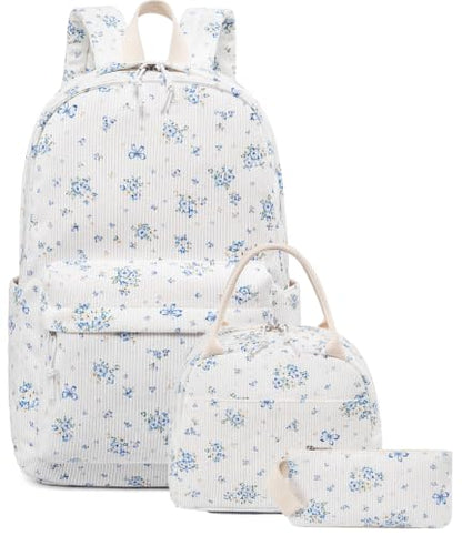 Bluboon School Backpack Set Girls Womens Laptop Bookbag Casual Daypack Fits 15 inch Laptop with Lunch Tote Bag and Pencil Bag - color: Blue Floral 263