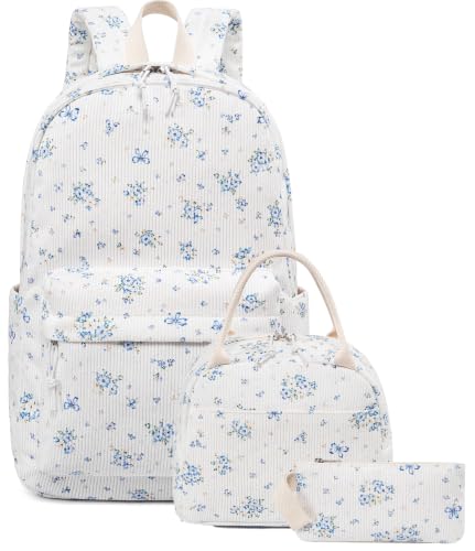 Bluboon School Backpack Set Girls Womens Laptop Bookbag Casual Daypack Fits 15 inch Laptop with Lunch Tote Bag and Pencil Bag - color: Blue Floral 263