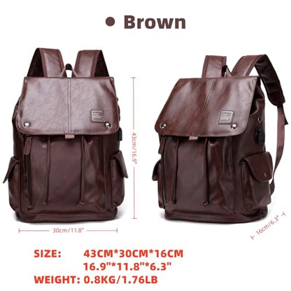 Soft leather backpack, casual PU backpack men women. USB charging port. Suitable for work, commuting, traveling, etc. Waterproof. (Brown) - color: Brown