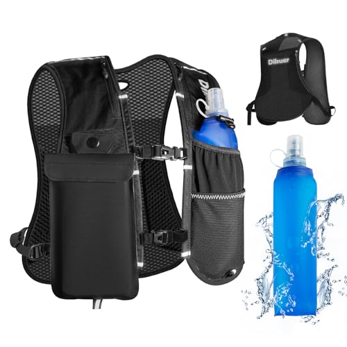 Running Vest for Women Men, Lightweight Hydration Runner Vest with Transparent Waterproof Phone Pocket, 17oz Soft Flask, Adjustable Chest Straps Reflective Backpack for Hiking Cycling Jogging - style: Black