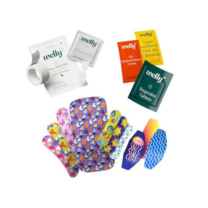Welly First Aid Kit | FSA Eligible | Adhesive Flexible Fabric and Waterproof Bandages, Tape and Non-Stick Pads, Butterfly Strips, Triple Antibiotic and Hydrocortisone Ointments, Ibuprofen - 130 Count