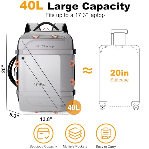 40L Travel Backpack,TSA Approved Carry On Backpack,Business Work Bag with Wet/Dry Compartment, Fits 17.3" Laptop, Duffel Bag for Men Women(Gray) - color: Gray