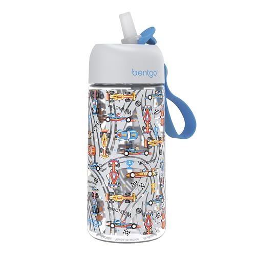 Bentgo Kids Water Bottle - Leak-Proof, Durable Tritan PFAS- & BPA-Free 15 fl oz, Kids/Toddlers Ages 3+ for School & Sports; Bite & Sip Spout, Carrying Handle, Dishwasher Safe (NEW Race Cars) - color: Race Cars
