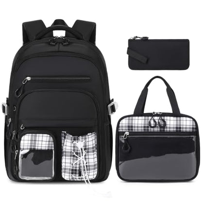 GeeWin Girls Backpack for School with Lunch Box & Pencil Case Set, 17 Inch Stylish Plaid Girls Bookbag with Lots of Pockets for Kids, Teens, Elementary Middle High College School Student (Black) - color: Black
