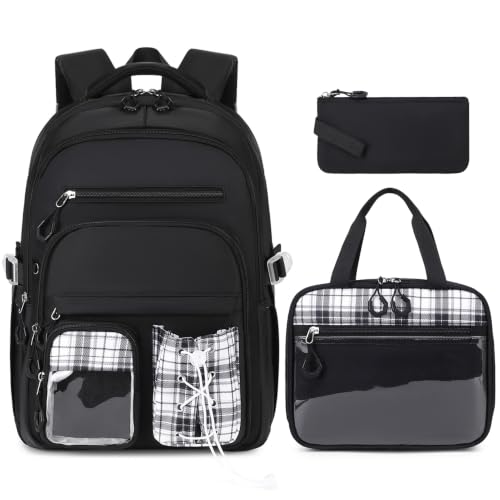 GeeWin Girls Backpack for School with Lunch Box & Pencil Case Set, 17 Inch Stylish Plaid Girls Bookbag with Lots of Pockets for Kids, Teens, Elementary Middle High College School Student (Black) - color: Black