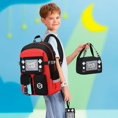Scothen Boys Backpack, Cool Luminous School Backpacks for Boys with Lunch Bag Pencil Case, Kids Backpack Kindergarten Elementary Middle School Book Bags for Teen Boy Children with USB Charging Port - color: Red