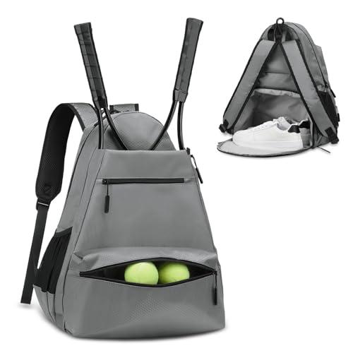 Tennis Backpack for Rackets, Waterproof Tennis Bag with Shoe Compartment, Wet/Dry Pocket, Fence Hook, for Tennis, Pickleball, Badminton - color: Gray