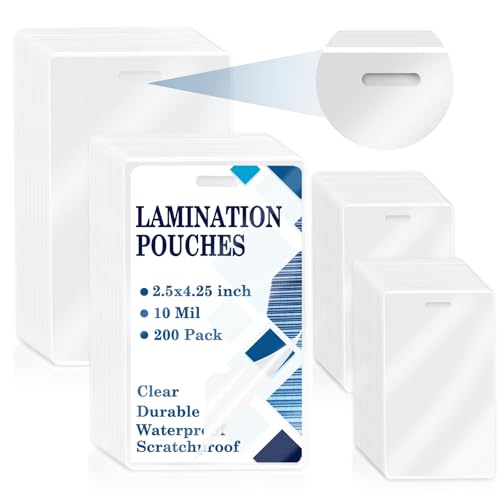 200 Pieces 10 Mil 2 1/2" x 4 1/4" Luggage Tag Laminating Pouches with Slot Hole Thermal Laminate Pouch Tags Kit Resealable for Work Permits Pass Cards Student ID Cards - size: 10 Mil-No Loops